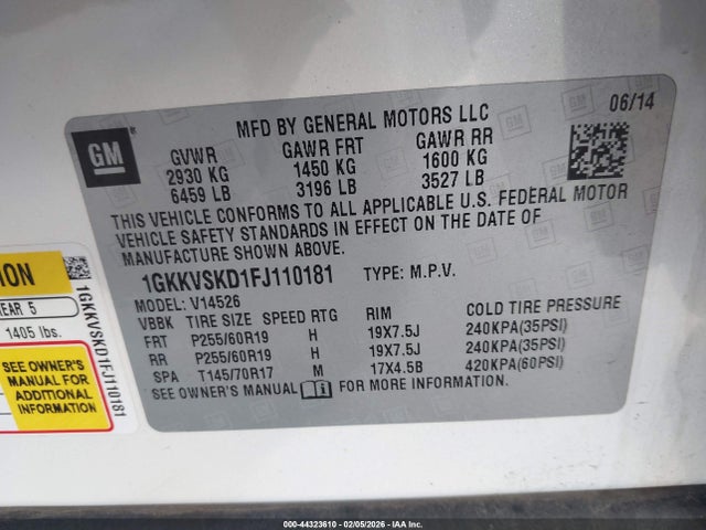 Продажа на аукционе авто 2015 Gmc Acadia Slt-2, vin: 1GKKVSKD1FJ110181, номер лота: 44323610