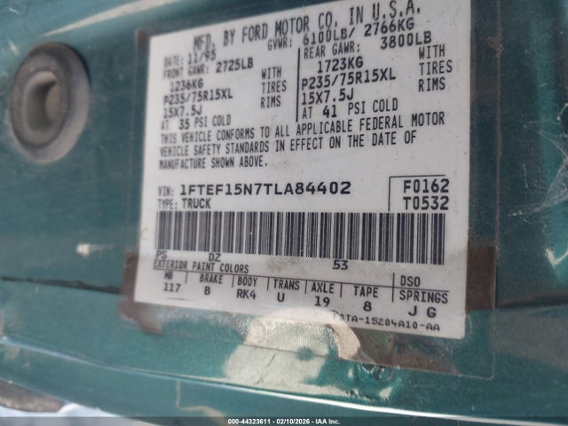 44323611 :رقم المزاد ، 1FTEF15N7TLA84402 vin ، 1996 Ford F150 مزاد بيع
