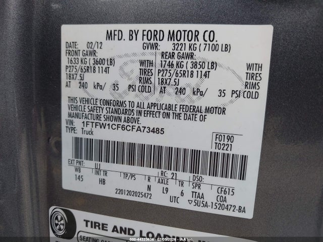 44323636 :رقم المزاد ، 1FTFW1CF6CFA73485 vin ، 2012 Ford F-150 Lariat مزاد بيع