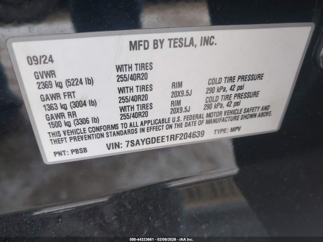 Продаж на аукціоні авто 2024 Tesla Model Y Long Range Dual Motor All-wheel Drive, vin: 7SAYGDEE1RF204639, номер лоту: 44323661