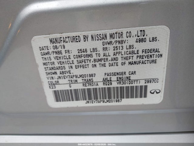 Auction sale of the 2020 Infiniti Q50 Pure, vin: JN1EV7AP9LM201987, lot number: 44323676