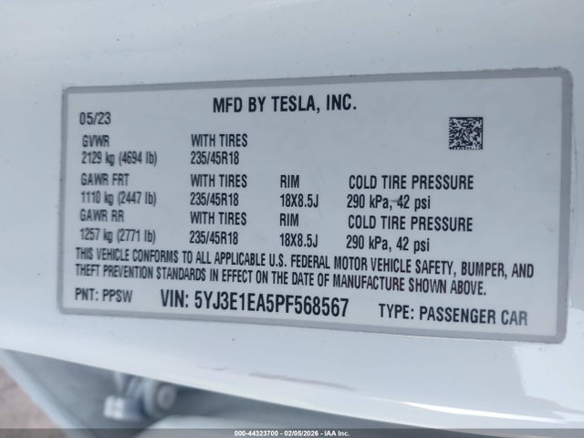 Aukcja sprzedaży 2023 Tesla Model 3 Rear-wheel Drive, vin: 5YJ3E1EA5PF568567, numer aukcji: 44323700