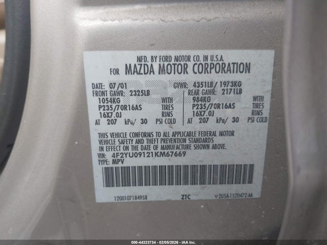 Aukcja sprzedaży 2001 Mazda Tribute Es V6/lx V6, vin: 4F2YU09121KM67669, numer aukcji: 44323734