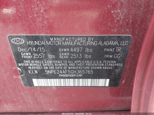 5NPE24AF5GH365765 Hyundai SONATA SE