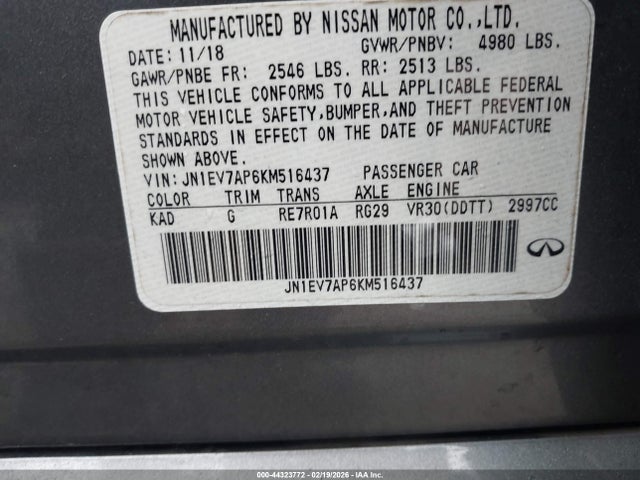 Aukcja sprzedaży 2019 Infiniti Q50 3.0t Luxe, vin: JN1EV7AP6KM516437, numer aukcji: 44323772