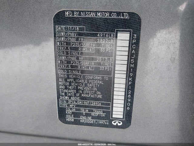 44323776 :رقم المزاد ، 3PCAJ5M19KF128906 vin ، 2019 Infiniti Qx50 Luxe مزاد بيع