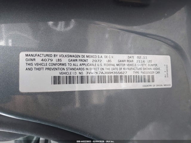 Aukcja sprzedaży 2011 Volkswagen Jetta 2.0l S, vin: 3VW2K7AJ8BM355627, numer aukcji: 44323803