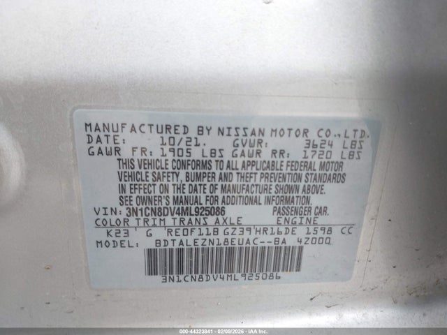 Продаж на аукціоні авто 2021 Nissan Versa S Xtronic Cvt, vin: 3N1CN8DV4ML925086, номер лоту: 44323841