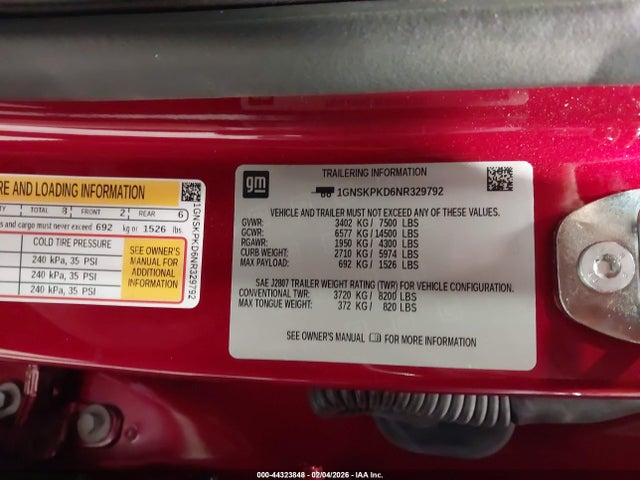 1GNSKPKD6NR329792 Chevrolet Tahoe 4wd Z71