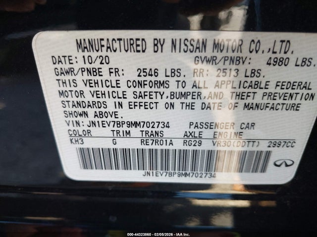 Aukcja sprzedaży 2021 Infiniti Q50 Luxe, vin: JN1EV7BP9MM702734, numer aukcji: 44323860