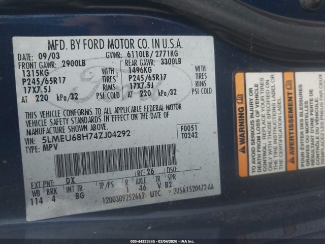 2004 LINCOLN AVIATOR 5LMEU68H74ZJ04292 Photo 8