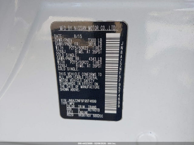 2015 Infiniti Qx80 მანქანა იყიდება აუქციონზე, vin: JN8AZ2NF5F9574699, აუქციონის ნომერი: 44323899