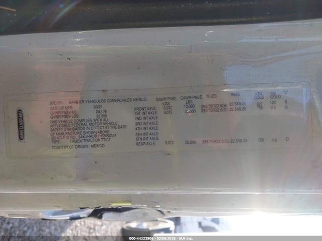 Продаж на аукціоні авто 2022 Freightliner New Cascadia 126, vin: 3AKJHHDR2NSNB2314, номер лоту: 44323906