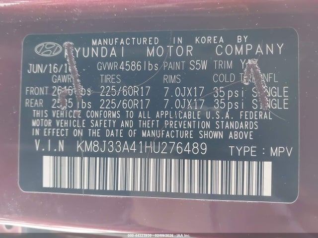 KM8J33A41HU276489 Hyundai TUCSON SE