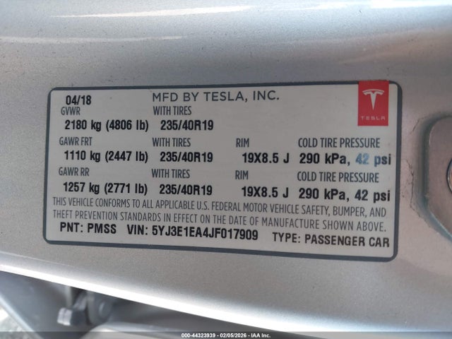 Продажа на аукционе авто 2018 Tesla Model 3 Long Range/mid Range, vin: 5YJ3E1EA4JF017909, номер лота: 44323939