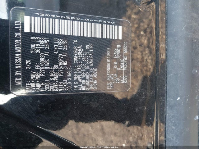 44323991 :رقم المزاد ، JN8AY2ND6L9110849 vin ، 2020 Nissan Armada Sl 2wd مزاد بيع