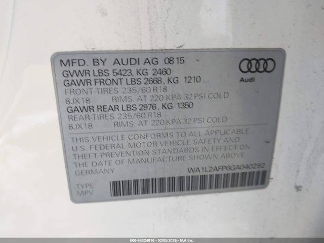 Продаж на аукціоні авто 2016 Audi Q5 2.0t Premium, vin: WA1L2AFP6GA040292, номер лоту: 44324016