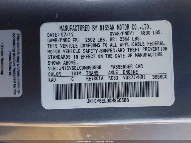 Продажа на аукционе авто 2013 Infiniti G37x, vin: JN1CV6EL0DM950588, номер лота: 44324065