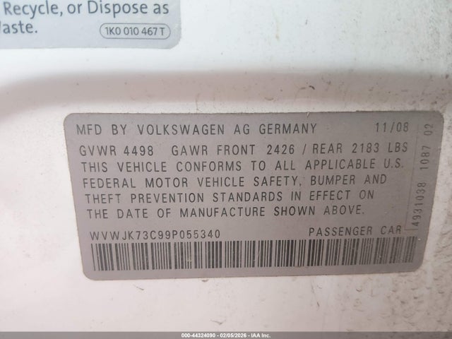 Продажа на аукционе авто 2009 Volkswagen Passat Komfort, vin: WVWJK73C99P055340, номер лота: 44324090