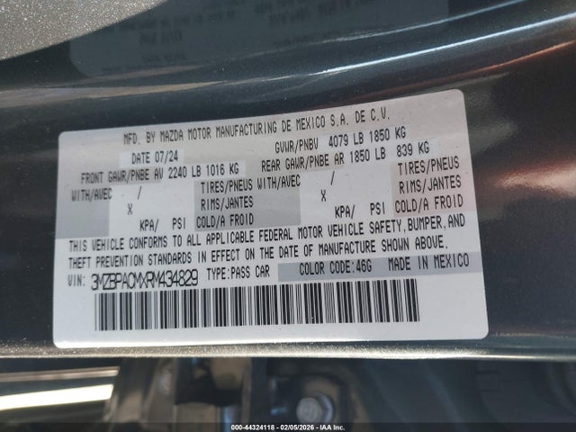 Продажа на аукционе авто 2024 Mazda Mazda3 2.5 S Preferred, vin: 3MZBPACMXRM434829, номер лота: 44324118
