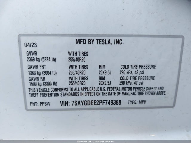 2023 Tesla Model Y Awd/long Range Dual Motor All-wheel Drive მანქანა იყიდება აუქციონზე, vin: 7SAYGDEE2PF749388, აუქციონის ნომერი: 44324164