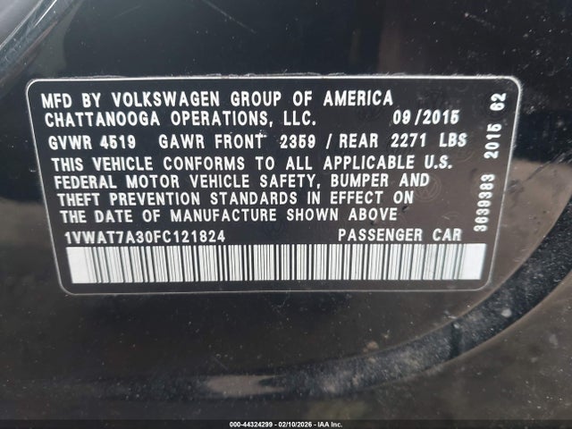 Продаж на аукціоні авто 2015 Volkswagen Passat 1.8t Limited Edition, vin: 1VWAT7A30FC121824, номер лоту: 44324299