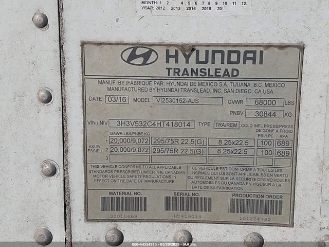 2017 Hyundai Translead Inc 53' Dry Van მანქანა იყიდება აუქციონზე, vin: 3H3V532C4HT418014, აუქციონის ნომერი: 44324313