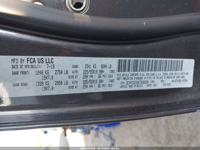 44324329 :رقم المزاد ، 3C4PDDGG0KT838595 vin ، 2019 Dodge Journey Crossroad Awd مزاد بيع