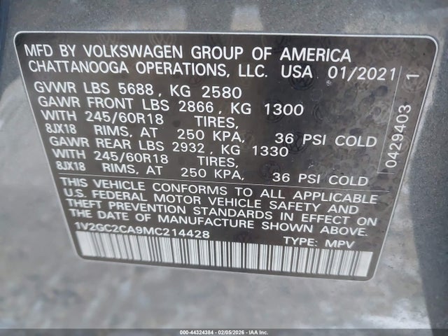 2021 Volkswagen Atlas Cross Sport 2.0t S მანქანა იყიდება აუქციონზე, vin: 1V2GC2CA9MC214428, აუქციონის ნომერი: 44324384