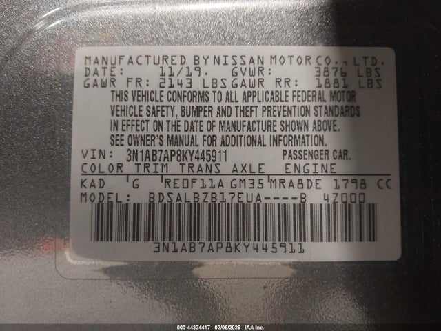 3N1AB7AP8KY445911 Nissan SENTRA S