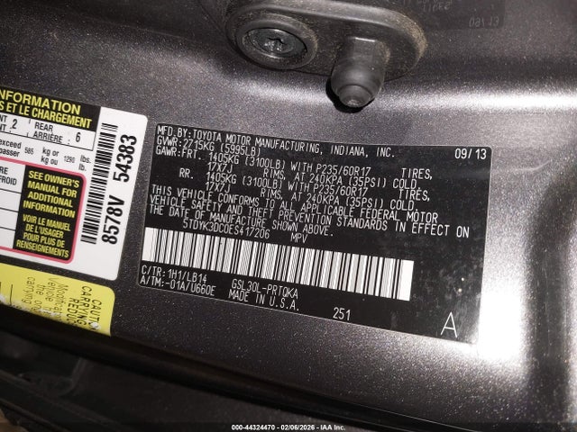 Продаж на аукціоні авто 2014 Toyota Sienna Xle V6 8 Passenger, vin: 5TDYK3DC0ES417206, номер лоту: 44324470