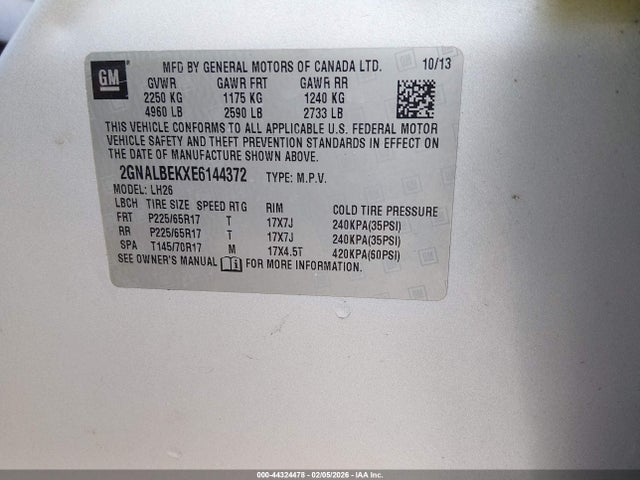 Aukcja sprzedaży 2014 Chevrolet Equinox 1lt, vin: 2GNALBEKXE6144372, numer aukcji: 44324478