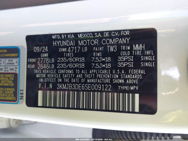 Aukcja sprzedaży 2025 Hyundai Tucson Sel, vin: 3KMJB3DE6SE009122, numer aukcji: 44324492