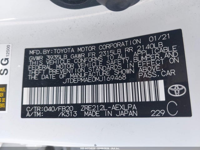 JTDEPMAE0MJ169468 Toyota COROLLA LE