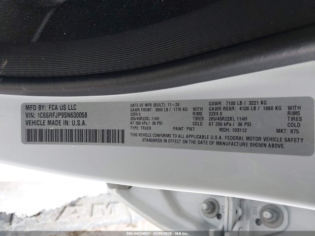 2025 Ram 1500 Laramie  4x4 5'7 Box მანქანა იყიდება აუქციონზე, vin: 1C6SRFJP9SN630058, აუქციონის ნომერი: 44324567