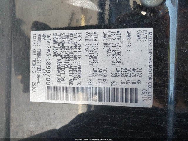 44324583 :رقم المزاد ، 5N1AT2MV5FC899700 vin ، 2015 Nissan Rogue Sl مزاد بيع