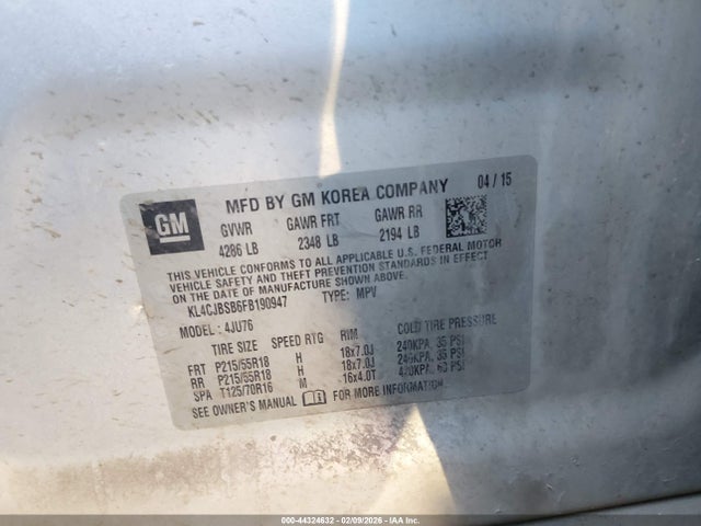 2015 Buick Encore Convenience მანქანა იყიდება აუქციონზე, vin: KL4CJBSB6FB190947, აუქციონის ნომერი: 44324632