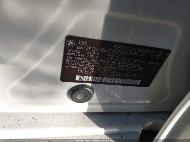 Aukcja sprzedaży 2011 Bmw 535i Xdrive, vin: WBAFU7C51BC870921, numer aukcji: 44324643
