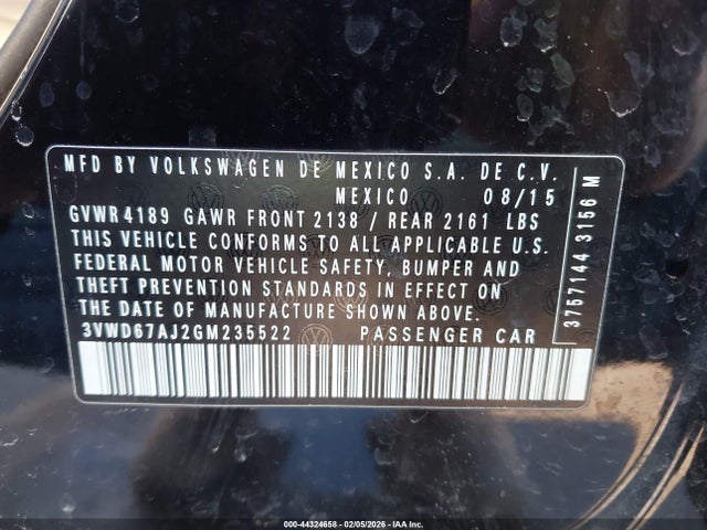 44324658 :رقم المزاد ، 3VWD67AJ2GM235522 vin ، 2016 Volkswagen Jetta 1.4t Se مزاد بيع