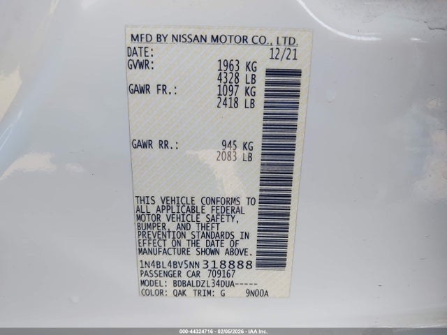 1N4BL4BV5NN318888 Nissan Altima S Fwd