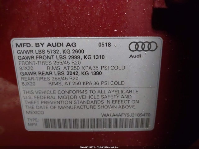Продаж на аукціоні авто 2018 Audi Sq5 3.0t Premium Plus, vin: WA1A4AFY9J2189470, номер лоту: 44324772