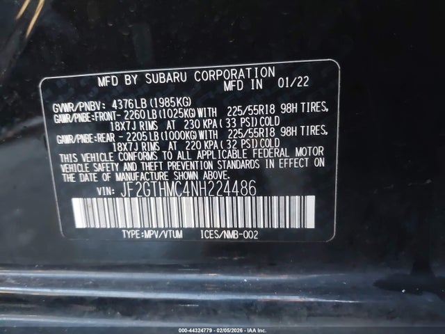 Aukcja sprzedaży 2022 Subaru Crosstrek Limited, vin: JF2GTHMC4NH224486, numer aukcji: 44324779