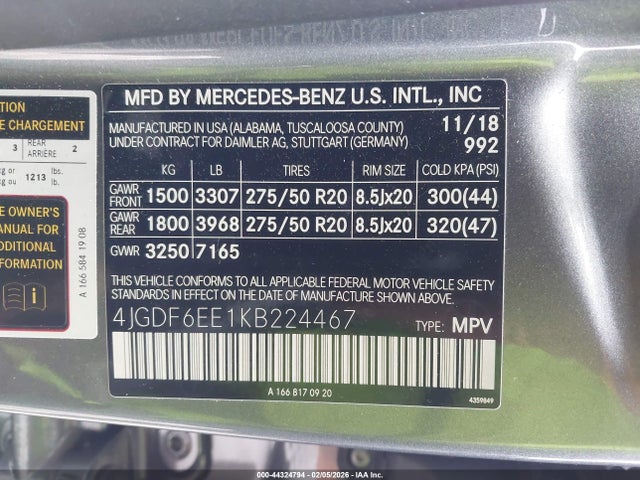 44324794 :رقم المزاد ، 4JGDF6EE1KB224467 vin ، 2019 Mercedes-benz Gls 450 4matic مزاد بيع