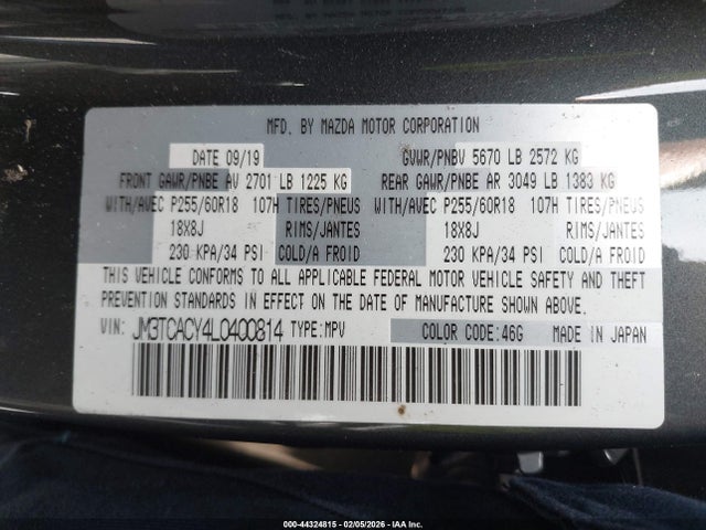 Aukcja sprzedaży 2020 Mazda Cx-9 Touring, vin: JM3TCACY4L0400814, numer aukcji: 44324815