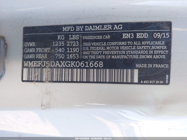 44324829 :رقم المزاد ، WMEFJ5DAXGK061668 vin ، 2016 Smart Fortwo Prime مزاد بيع