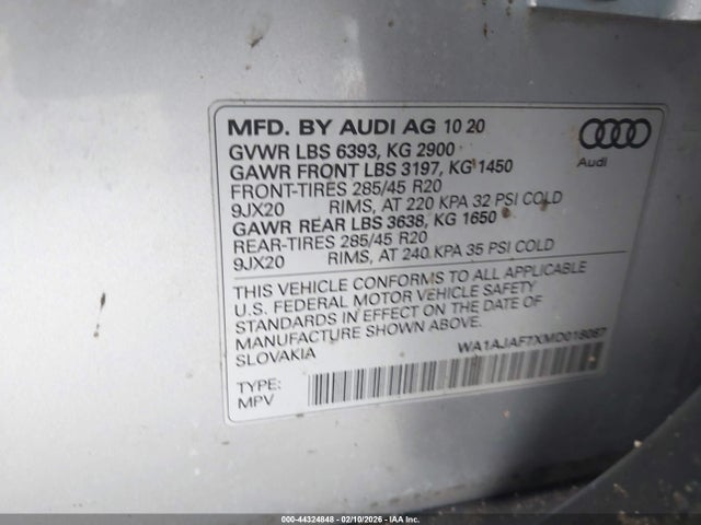 2021 Audi Q7 Premium 45 Tfsi Quattro Tiptronic მანქანა იყიდება აუქციონზე, vin: WA1AJAF7XMD018087, აუქციონის ნომერი: 44324848