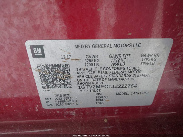 44324869 :رقم المزاد ، 1GTV2MEC1JZ222764 vin ، 2018 Gmc Sierra 1500 Sle مزاد بيع
