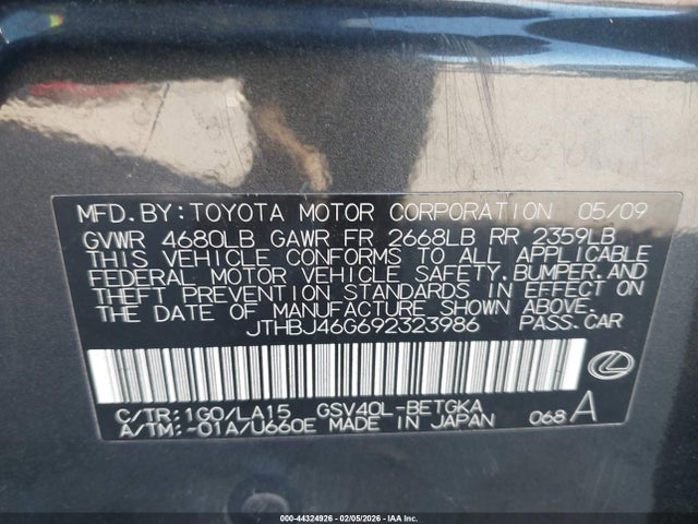 Продаж на аукціоні авто 2009 Lexus Es 350, vin: JTHBJ46G692323986, номер лоту: 44324926