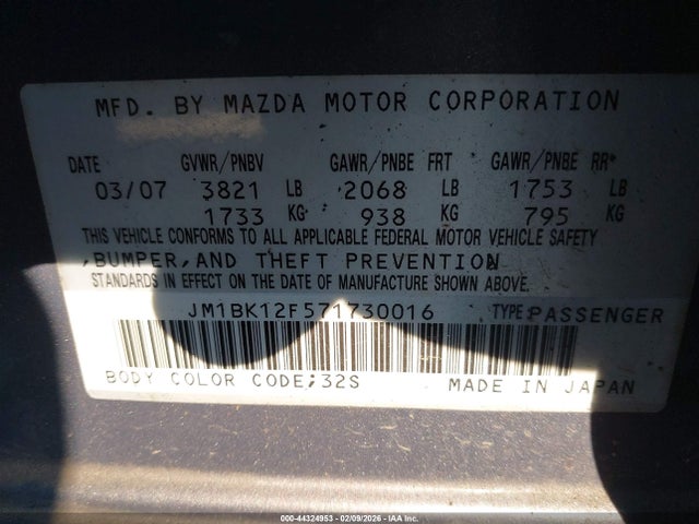 Aukcja sprzedaży 2007 Mazda Mazda3 I, vin: JM1BK12F571730016, numer aukcji: 44324953