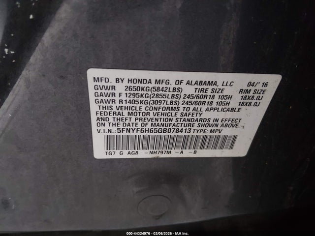 Aukcja sprzedaży 2016 Honda Pilot Ex-l, vin: 5FNYF6H65GB078413, numer aukcji: 44324976